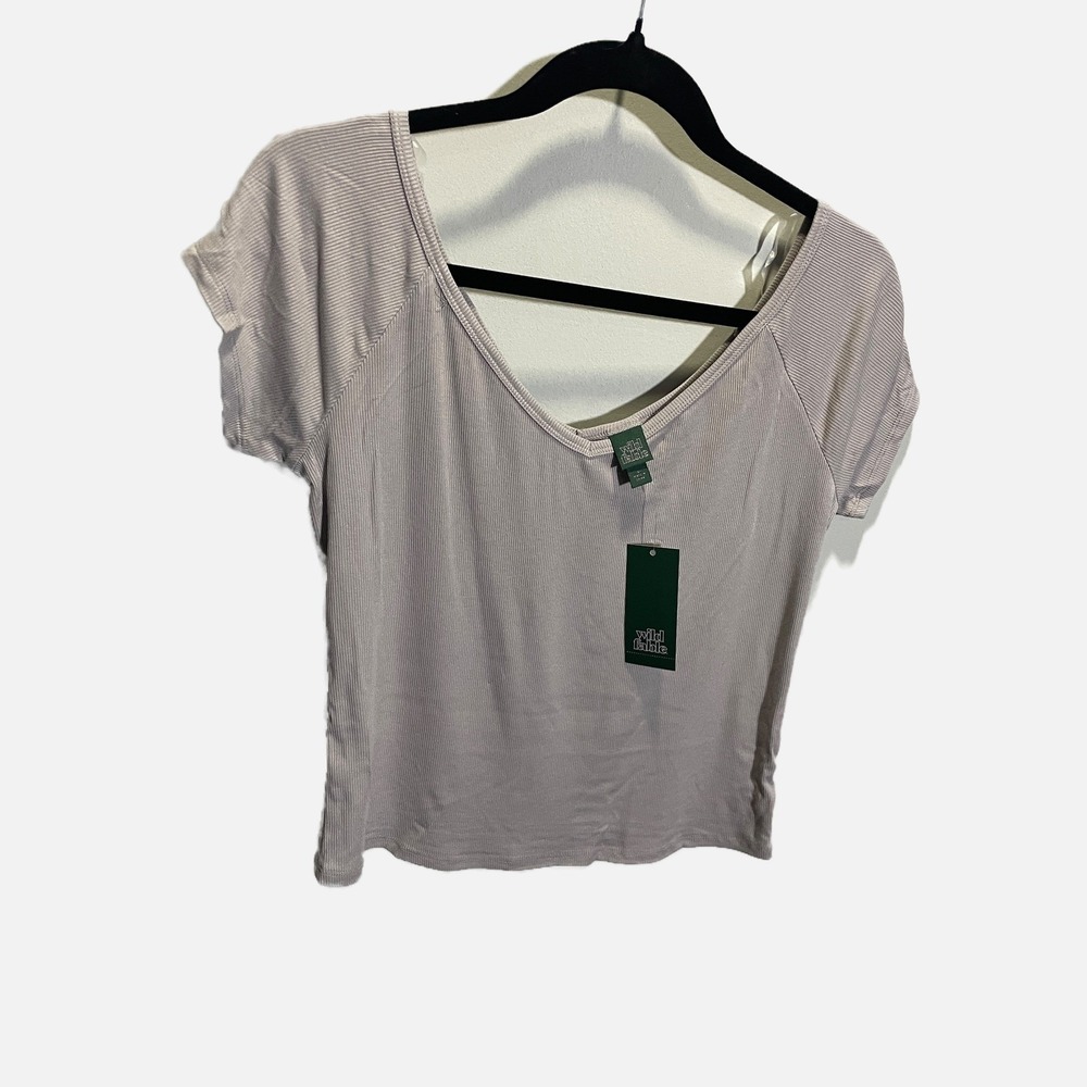 Wild Fable Womens Ribbed V-Neck Raglan Short Sleeve Top Gray Stretch L